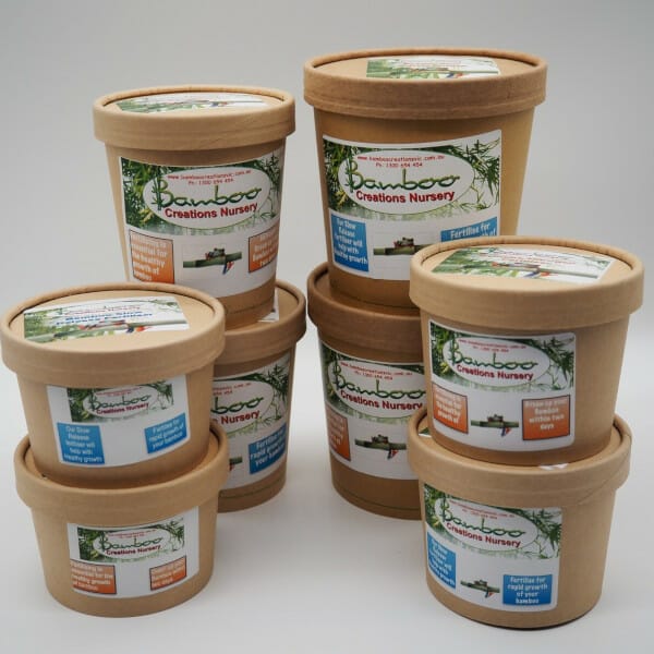 Fertilising your bamboo with specialist bamboo fertilisers, available in different size eco-friendly canisters